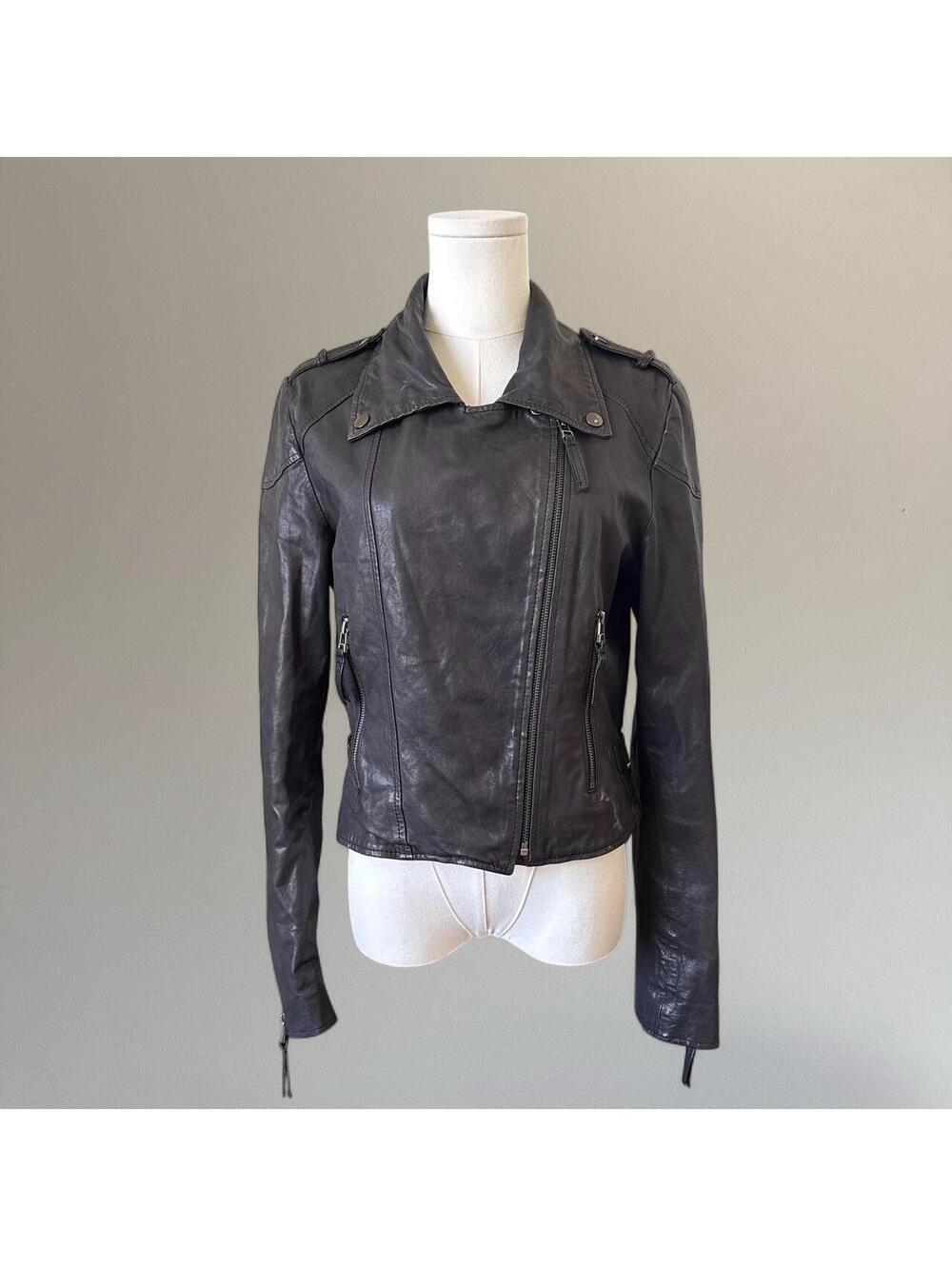 Black leather biker jacket.